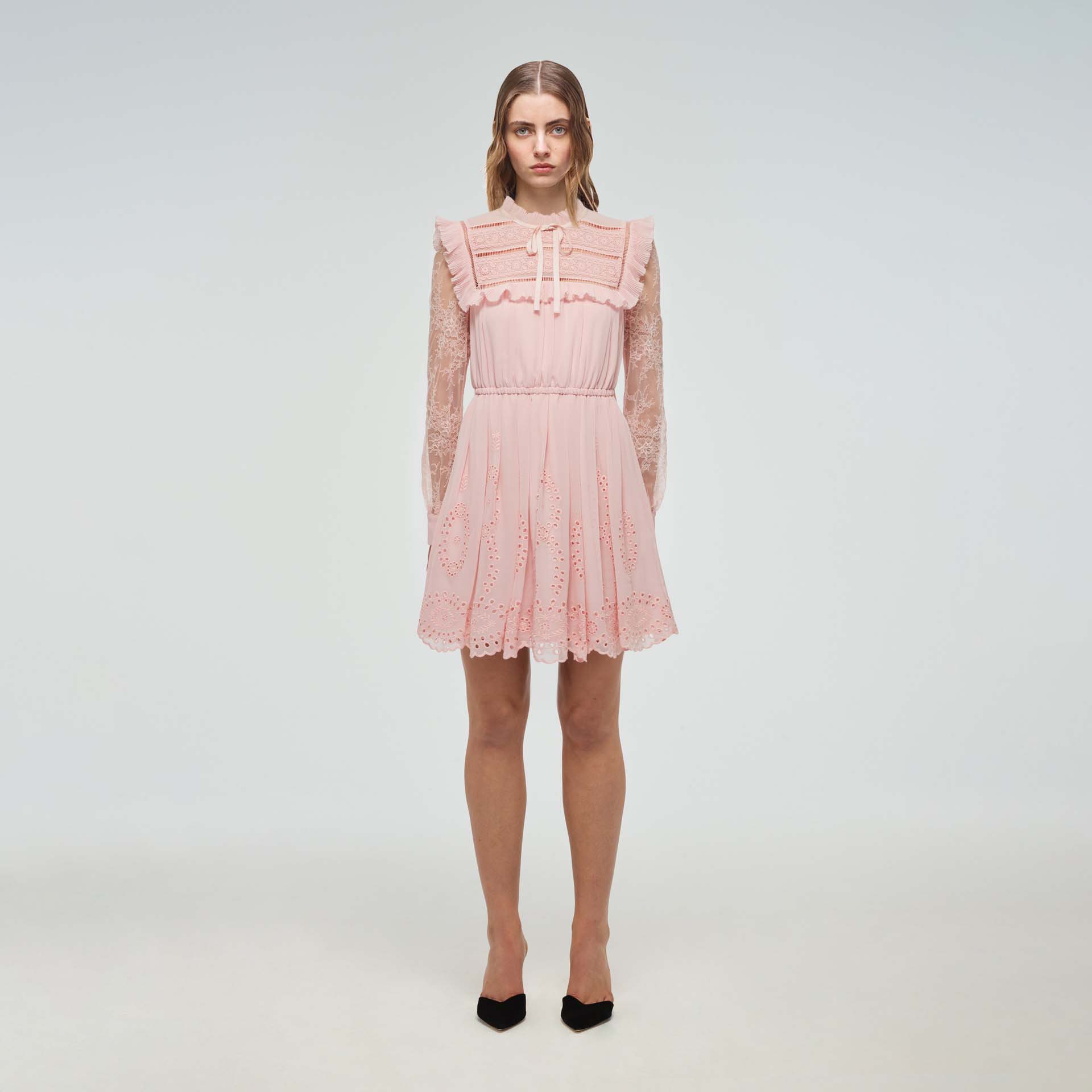 Pink Broderie Chiffon Mini Dress | self ...